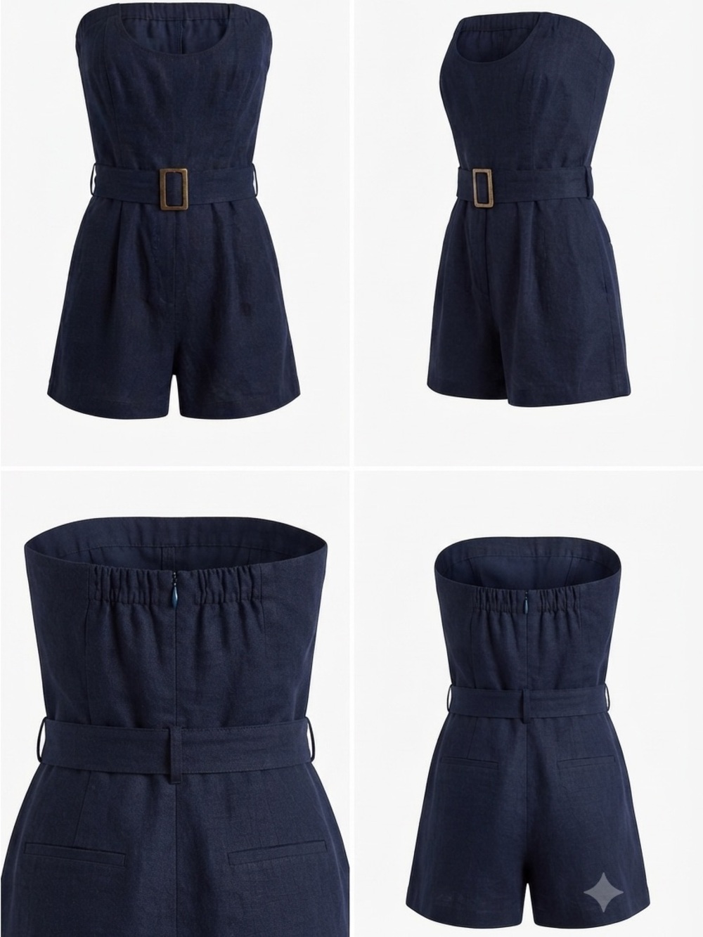 Monteau Los Angeles Strapless Navy Belted Romper Linen Blend Shorts - Picture 4 of 8